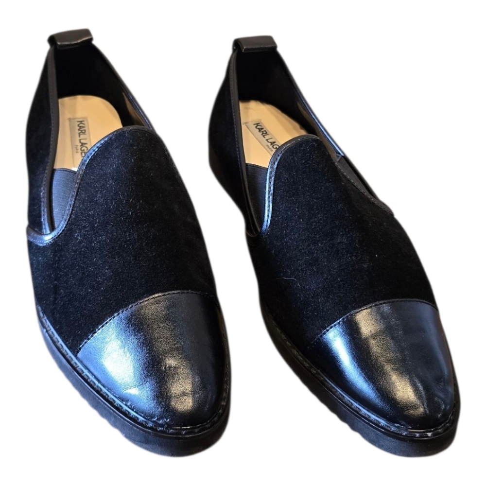 Karl Lagerfeld Cler Black Suede Leather Slip On Flat Loafer 10